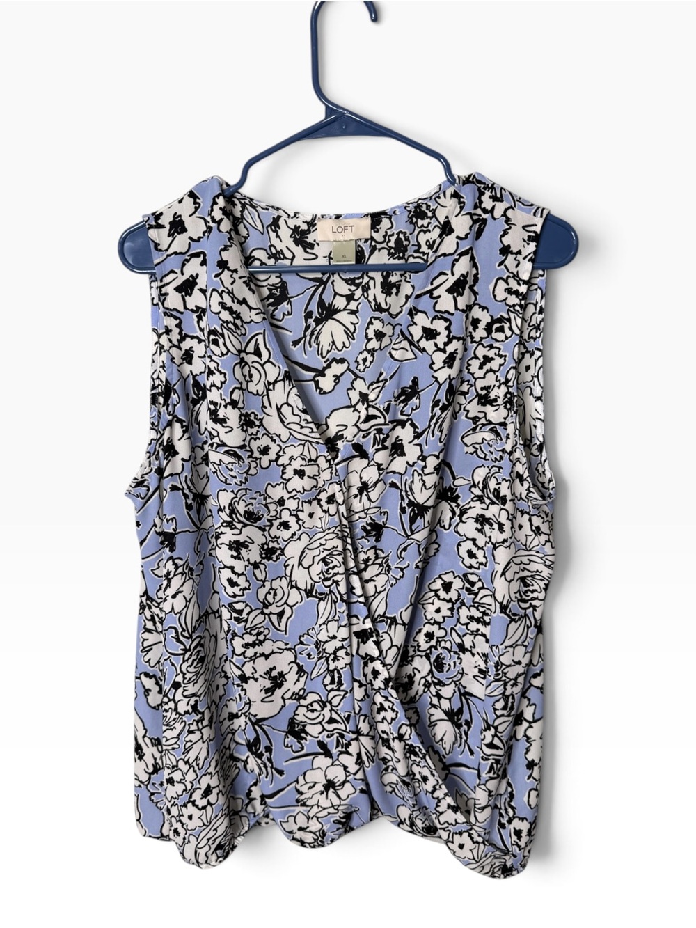 LOFT Blue Black White Floral XL V-Neck Wrap Blouse Tank
